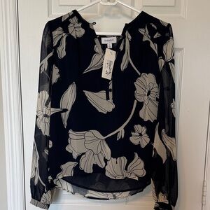 Evereve Navy and Ivory Floral Semi-Sheer Blouse
